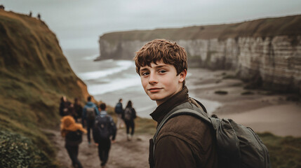 Active teenage boys hiking scenic coastal trail enjoying outdoors friend energy enthusiasm love nature adventurous group outing rocky coast fun field trip path fresh happy smile photography cold
