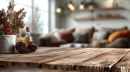 A rustic wooden table adorned with decorative bottles and pinecones, set in a cozy living room with warm lighting and soft furnishings.