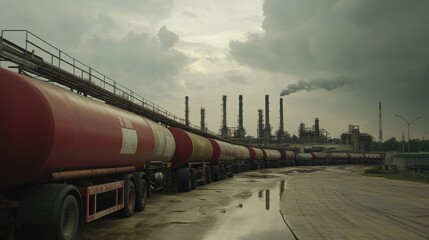 Naklejka premium Massive tanker trucks lined up at an oil depot under a cloudy sky, 