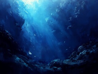 Obraz premium Stunning Underwater Photo: Deep Ocean Sunlight Illuminates Mysterious Reef. AI Generated