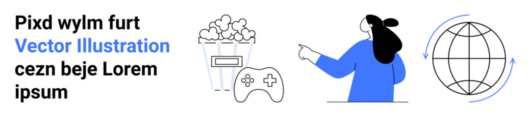 Popcorn bucket, game controller, woman pointing at text, and globe with arrows. Ideal for entertainment, media, gaming, tutorials, education, digital content, and global reach. Banner for landing