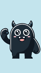 A horned monster mascot with his fist raised upwards 