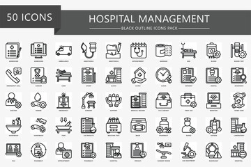 Hospital management black outline icons set. contain surgery, appointment, doctor, nurse, diagnostic, clinic and more. Vector EPS 10 for print, digital UI, UX kit, web and app for business management