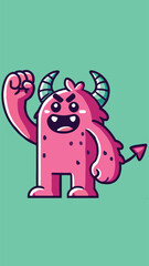 A horned monster mascot with his fist raised upwards 