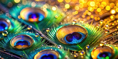 Peacock Feathers Dewdrops Bokeh AI Art Morning Light