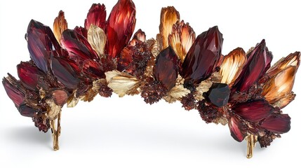 Elegant red and gold crystal crown headdress isolated on white background.