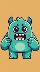 A horned monster mascot with his fist raised upwards 
