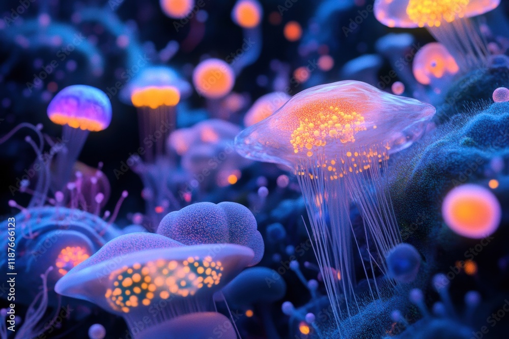 Poster Vibrant microscopic landscape filled with glowing viruses illuminating a fantastical world of cellular life and interaction. Generative AI