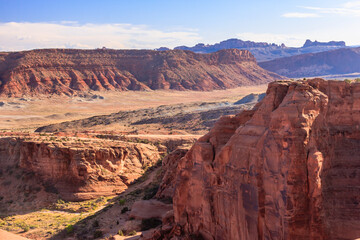 A desert landscape with a mountain range in the background