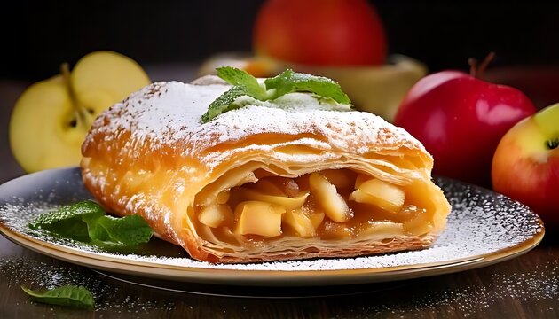 Apfelstrudel is a traditional Austrian dessert with apples, spices, and flaky pastry