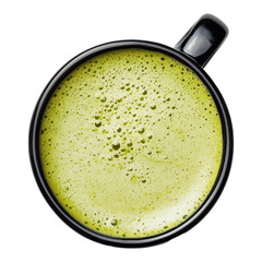 Matcha Latte isolated on transparent background, top view, view from above, delicious hot matcha latte drink in glass cup hot beverage, for cafe, coffee shop, menu PNG