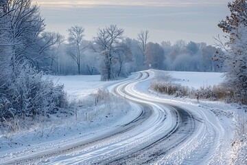 Fototapeta premium Winding snow-covered road through winter landscape.