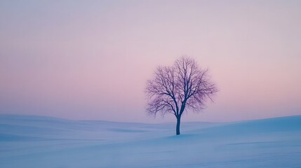 Solitary Snowy Tree at Sunset - Serene Winter Landscape