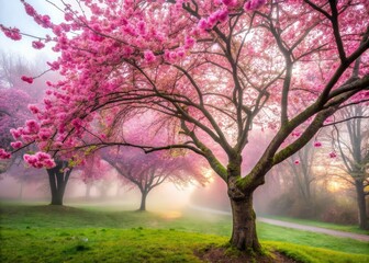 Fototapeta premium Pink Cherry Blossom Silhouette, Foggy Spring Park