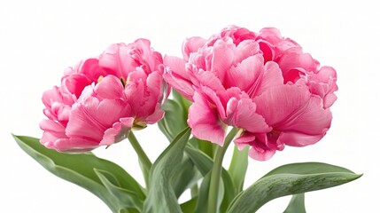 Obraz premium Bright Pink Tulip Flower Isolated with Green Leaves on White Background