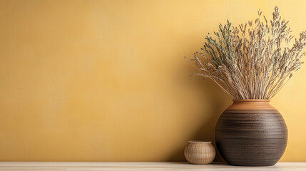 stylish vase with dried flowers against yellow wall background