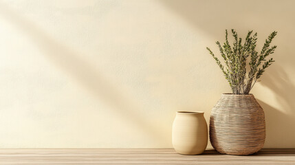 serene interior scene featuring decorative vases and greenery