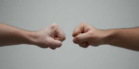Two fists bump in a gesture of greeting, unity, and camaraderie, representing friendship, respect, and a shared bond in interpersonal relationships.