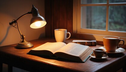 A cozy home office scene featuring a vintage desk lamp casting a warm glow over an open book and a steaming cup of coffee, inviting relaxation and focus.