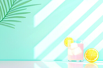 clear glass of iced lemon water with ice cubes and lemon slices, set against mint green background with palm leaves and soft shadows, evokes refreshing summer vibe