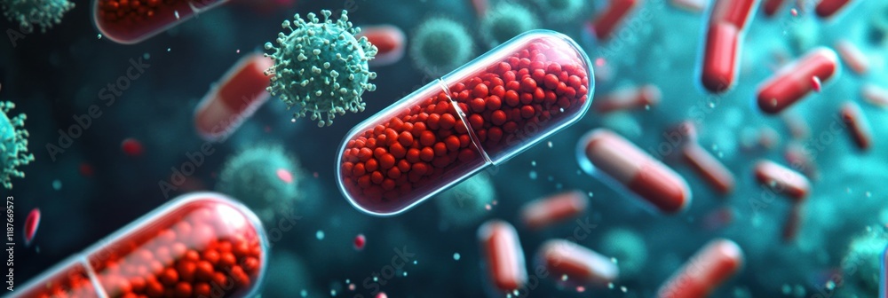 Poster Pills swirling around bacteria in a dynamic representation of medical advancements in the fight against infection. Generative AI