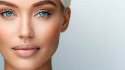 Fototapeta premium Minimalist portrait of a mature woman with flawless skin, light blue eyes, and soft makeup, against a grey background.