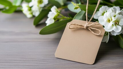 A blank tag rests near white flowers on a wooden surface, ideal for gift labeling or decoration.