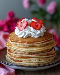 Delicious Pancakes with Whipped Cream and Strawberries