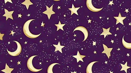 Naklejka premium Seamless pattern of golden stars and crescent moons on a dark purple background.