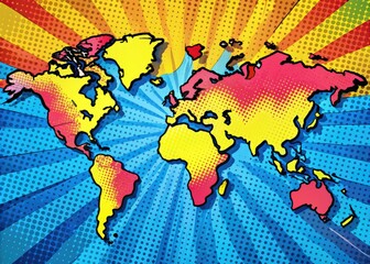 Pop Art World Map - Drone Shot, Bold Colors, Comic Book Style