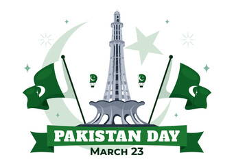 Happy Pakistan Resolution Day Vector Illustration on 23 March, Featuring a Waving Flag and Iconic Landmarks in a National Holiday Flat Background