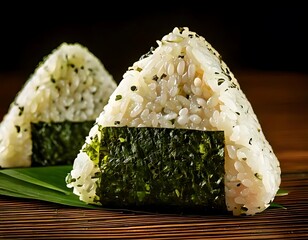 Onigiri is a Japanese rice ball wrapped in seaweed, often filled