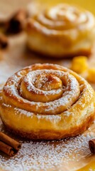 Fototapeta premium Powdered Sugar-Dusted Sweet Rolls with Cinnamon Sticks