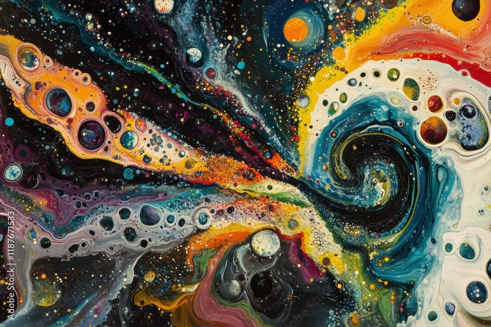 Fototapete swirling bacteria and microbes in vibrant colors moving through a liquid medium in an abstract cosmi