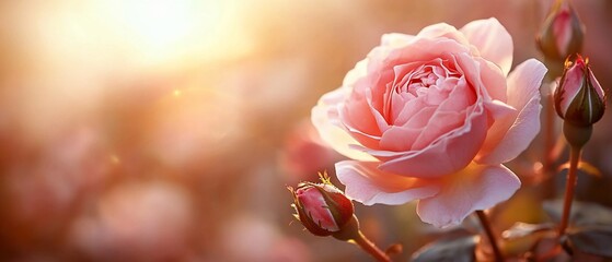 Pink rose blooming in sunset light.