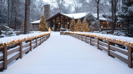 Fototapeta premium festive holiday scene featuring snow covered bridge leading to cozy cabin, adorned with lights