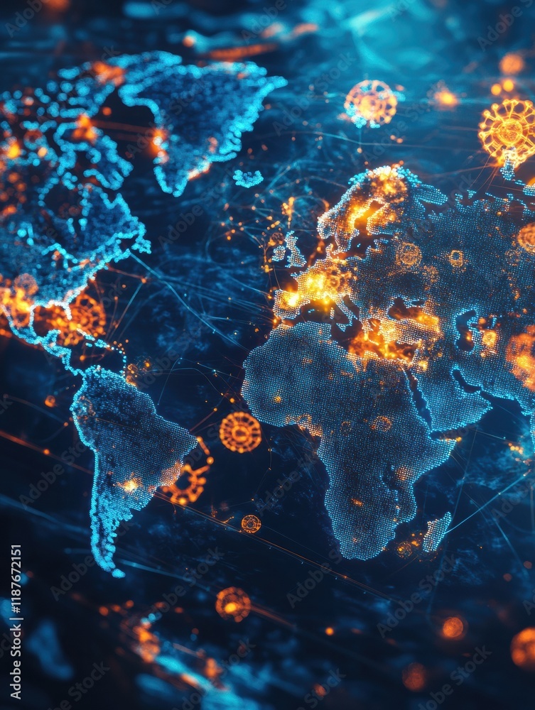 Poster World map with highlighted regions showing viral spread across continents during the 21st century. Generative AI