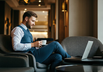 Obraz premium Businessman Relaxing in Hotel Lobby with Laptop and Coffee