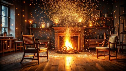Fiery sparks dancing in a darkened room with dimly lit wooden furniture and a warm glow emanating from a crackling fireplace , sparks, darkroom