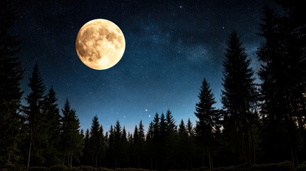 Fototapeta premium magical night sky filled with stars and full moon over trees
