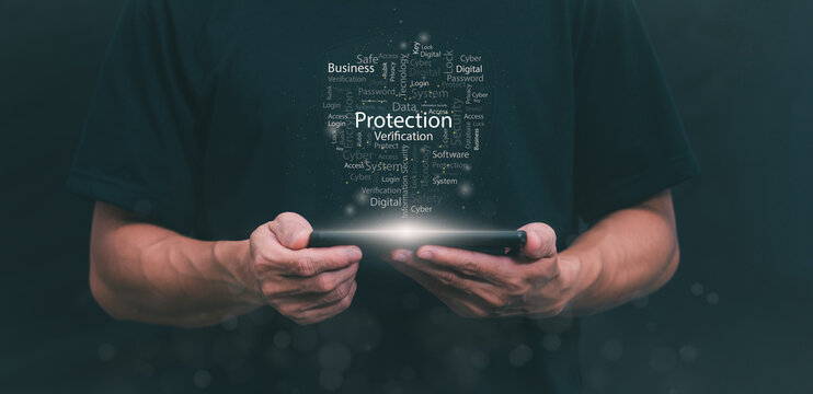 Data Information protection and encryption using network technology for security to prevent crime, hackers, and online attacks. Technology and information security in everyday life. Authentication.