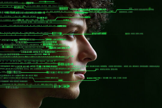 detailed portrait of person with curly hair, surrounded by green digital code, symbolizing technology and connection. expression conveys focus and contemplation