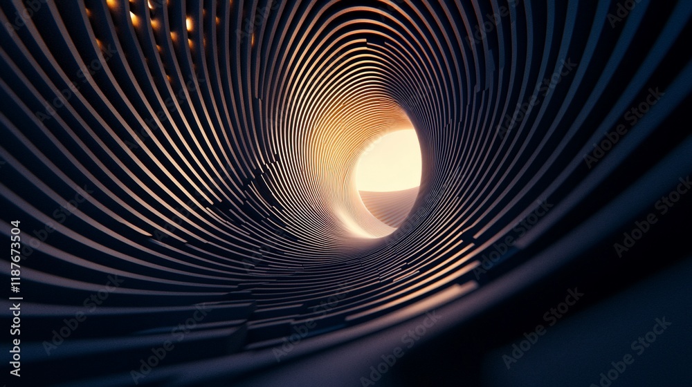 Poster abstract dark swirling tunnel with light at end.