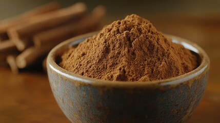 Warm Rustic Small Ceramic Bowl Filled with Ground Cinnamon Surrounded by Cinnamon Sticks in a Cozy Ambient Light Setting