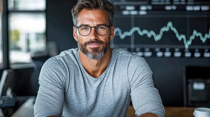 man in financial office analyzing stock market trends with focus