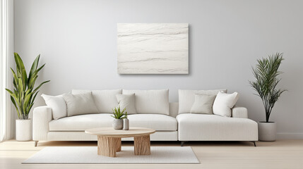 Minimalist living room with white sofa, plants, and abstract art