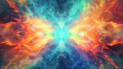 a captivating abstract artwork with cosmic themes and vibrant colors, No bowls, white space in the center of the page for text