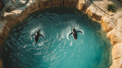 Happy penguins diving splashing crystal clear pool afternoon sun playful nature aquatic agility serene natural cute fun life national park surreal pond photography bird cute advertising promotion