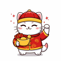 Happy chinese new year theme illustration background wallpaper gold ingots maneki-neko lucky fortune propserity cat 招财猫	