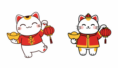 Happy chinese new year theme illustration background wallpaper gold ingots lantern maneki-neko lucky fortune propserity cat 招财猫	